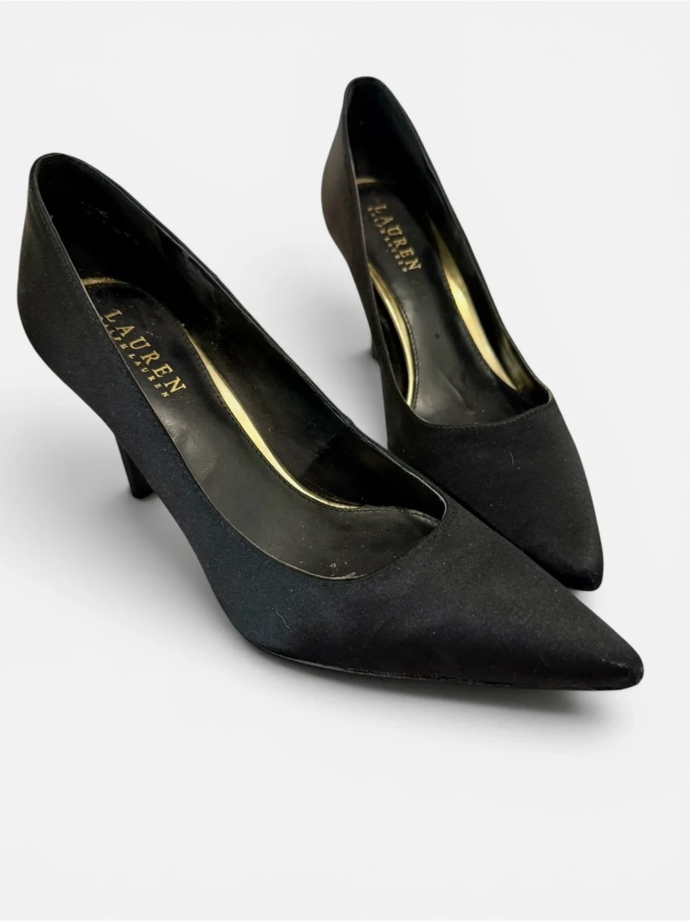 Lauren Ralph Lauren Black Satin Gold Trim Alani Pump 9B